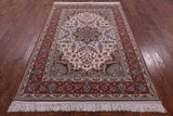 Ivory Signed Isfahan Authentic Persian Hand Knotted Wool & Silk Area Rug - 5' 1" X 7' 7" - Golden Nile