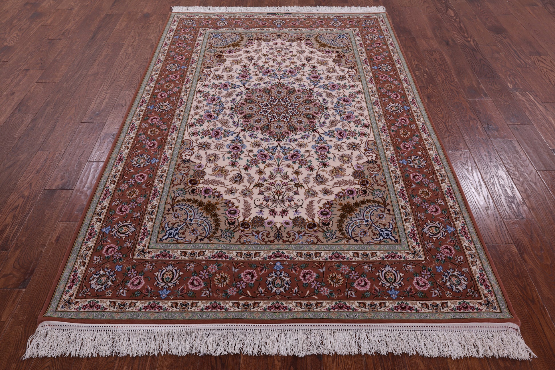 Ivory Signed Isfahan Authentic Persian Hand Knotted Wool & Silk Area Rug - 5' 1" X 7' 7" - Golden Nile
