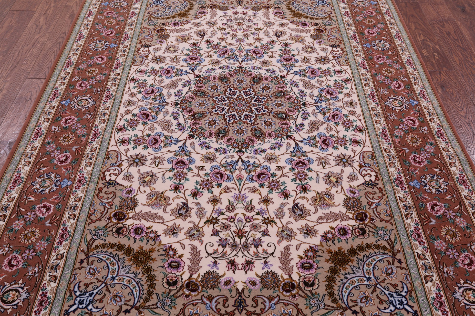 Ivory Signed Isfahan Authentic Persian Hand Knotted Wool & Silk Area Rug - 5' 1" X 7' 7" - Golden Nile