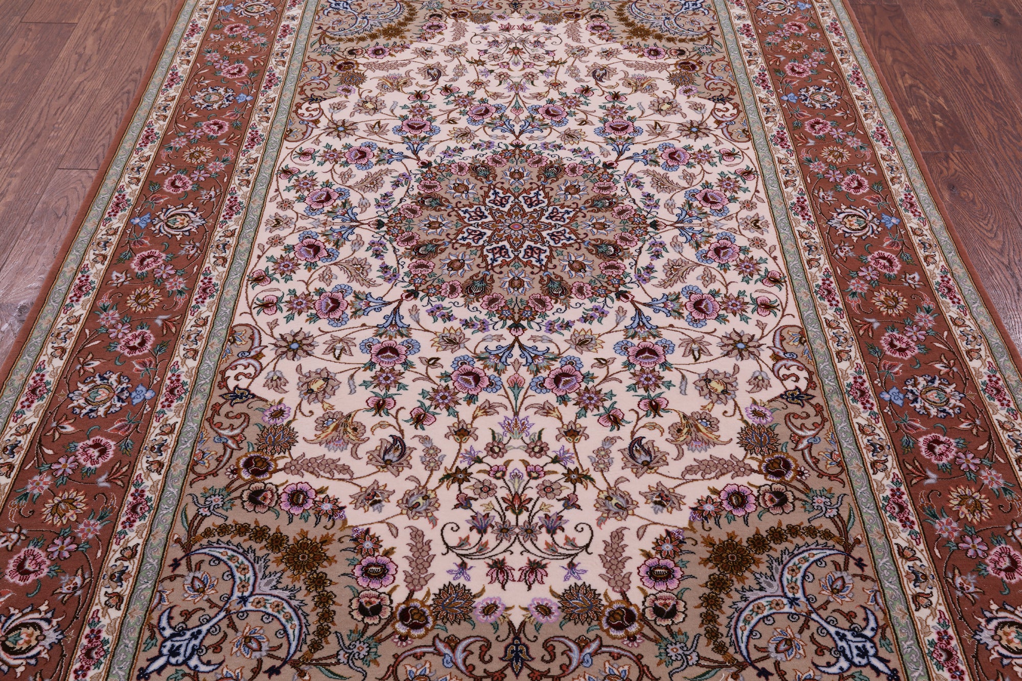 Ivory Signed Isfahan Authentic Persian Hand Knotted Wool & Silk Area Rug - 5' 1" X 7' 7" - Golden Nile