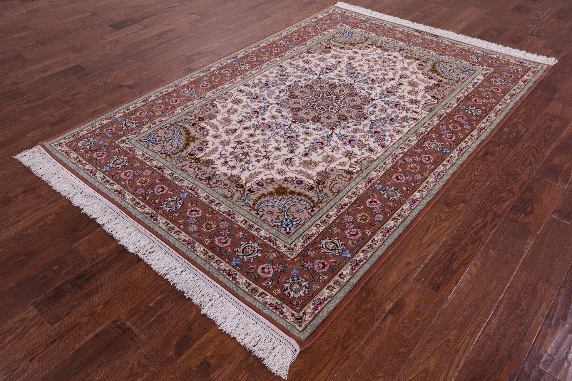 Ivory Signed Isfahan Authentic Persian Hand Knotted Wool & Silk Area Rug - 5' 1" X 7' 7" - Golden Nile