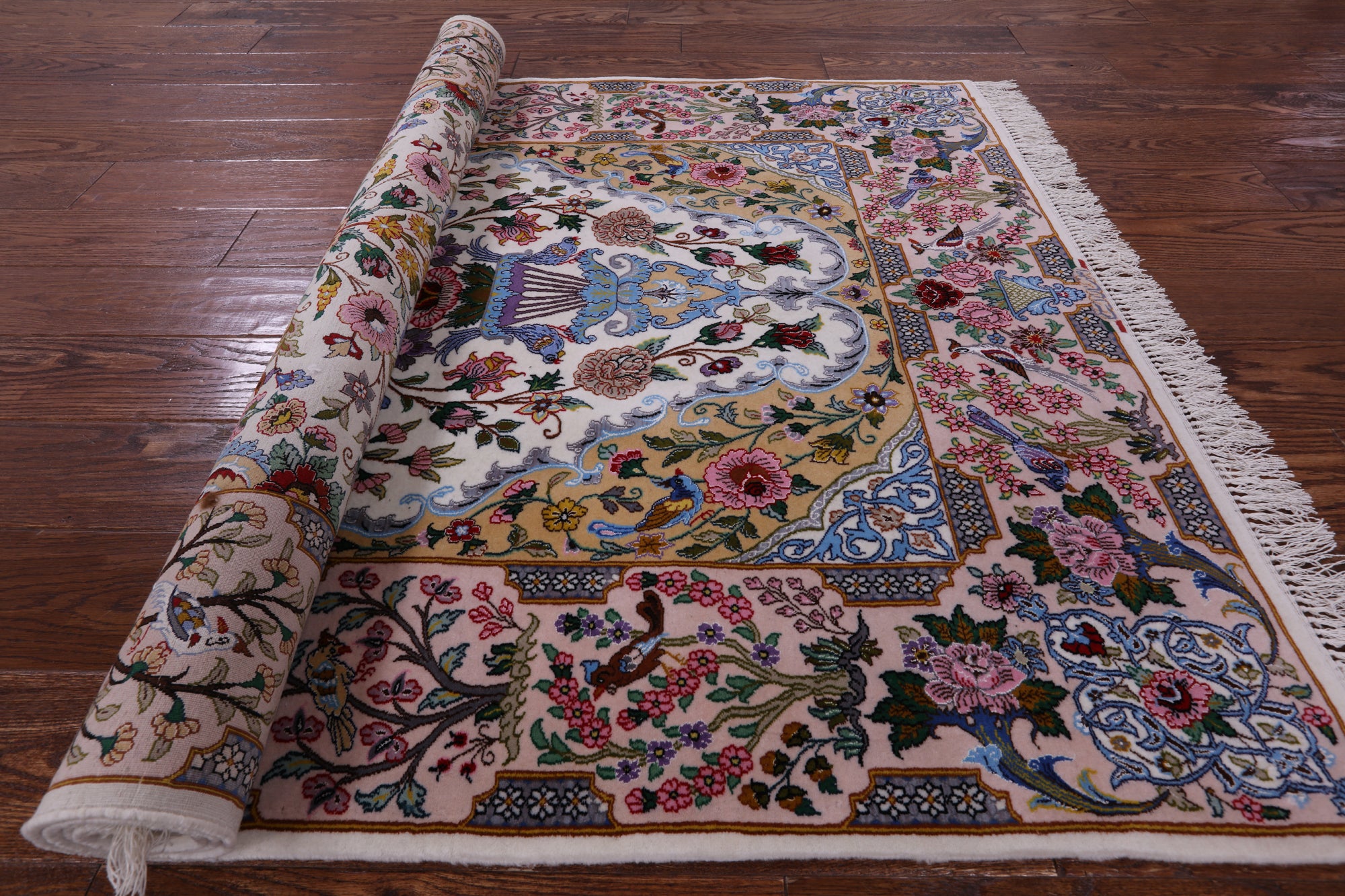 Ivory Signed Isfahan Authentic Persian Hand Knotted Wool & Silk Area Rug - 3' 9" X 5' 7" - Golden Nile