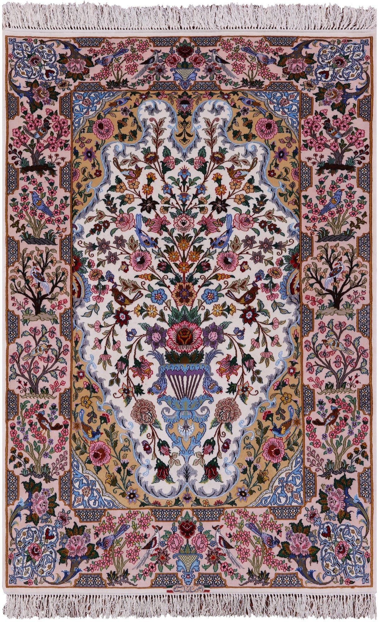 Ivory Signed Isfahan Authentic Persian Hand Knotted Wool & Silk Area Rug - 3' 9" X 5' 7" - Golden Nile