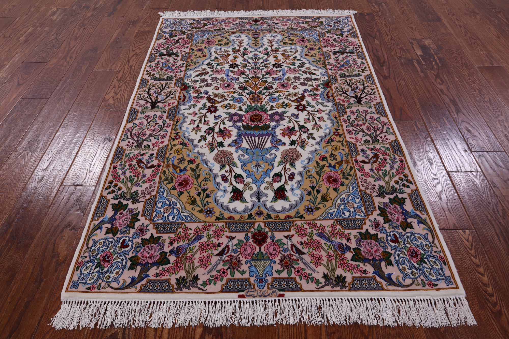 Ivory Signed Isfahan Authentic Persian Hand Knotted Wool & Silk Area Rug - 3' 9" X 5' 7" - Golden Nile