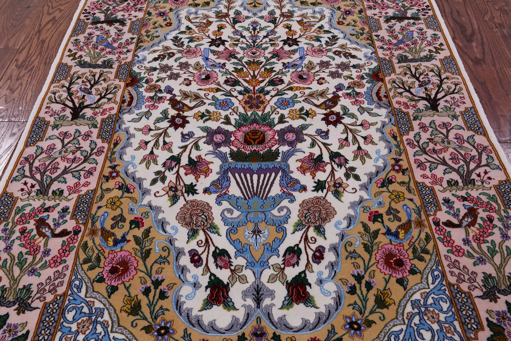 Ivory Signed Isfahan Authentic Persian Hand Knotted Wool & Silk Area Rug - 3' 9" X 5' 7" - Golden Nile