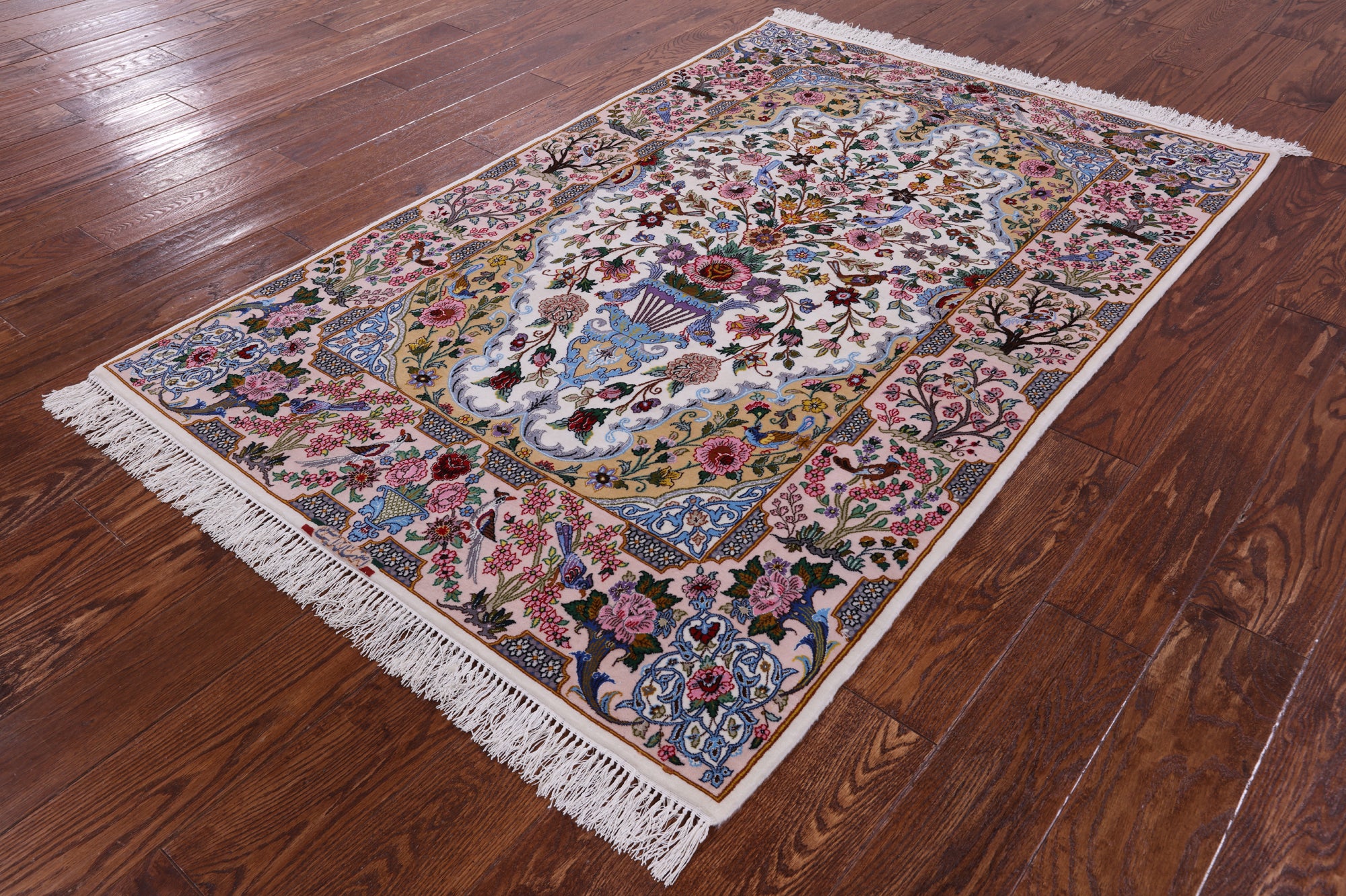 Ivory Signed Isfahan Authentic Persian Hand Knotted Wool & Silk Area Rug - 3' 9" X 5' 7" - Golden Nile