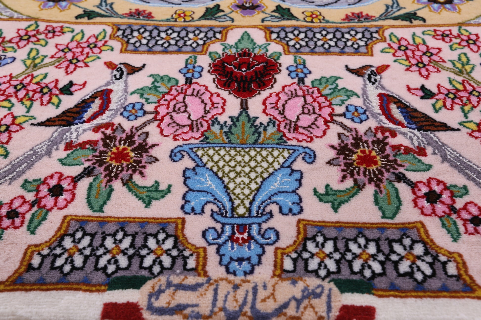 Ivory Signed Isfahan Authentic Persian Hand Knotted Wool & Silk Area Rug - 3' 9" X 5' 7" - Golden Nile