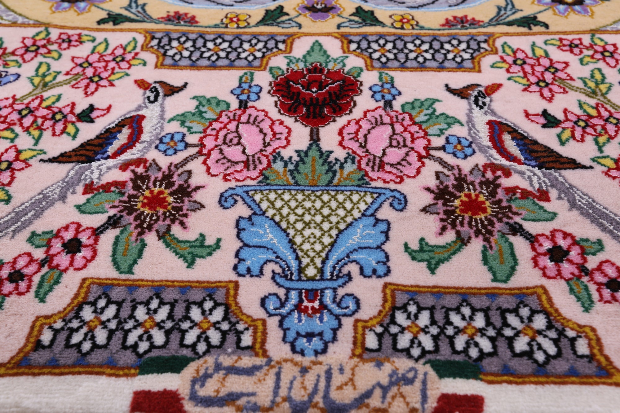 Ivory Signed Isfahan Authentic Persian Hand Knotted Wool & Silk Area Rug - 3' 9" X 5' 7" - Golden Nile