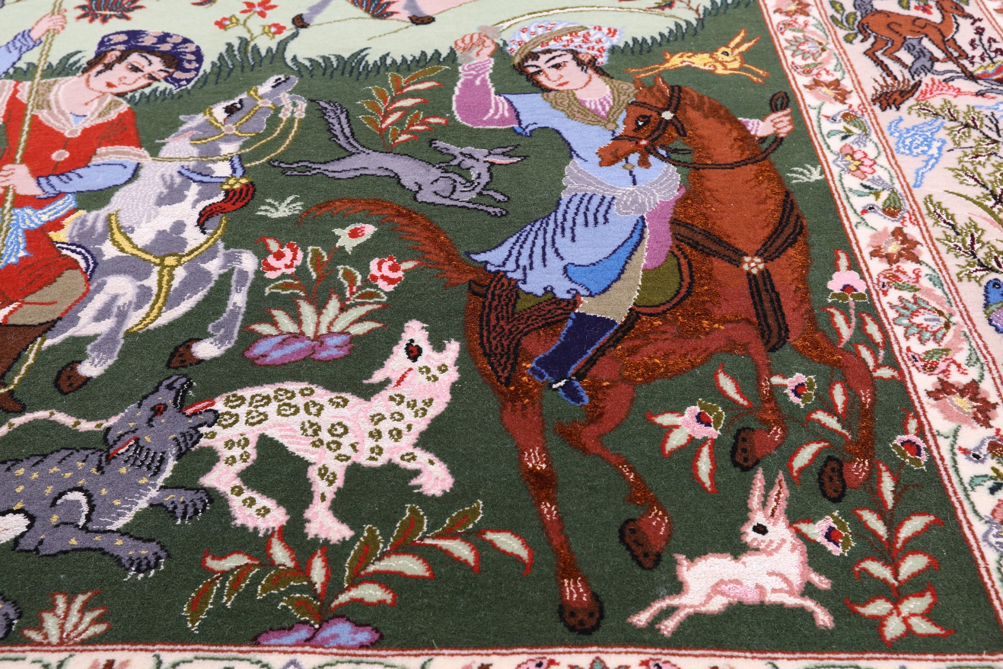 Signed Isfahan Authentic Persian Hunting Scene Hand Knotted Wool & Silk Area Rug - 4' 2" X 6' 8" - Golden Nile