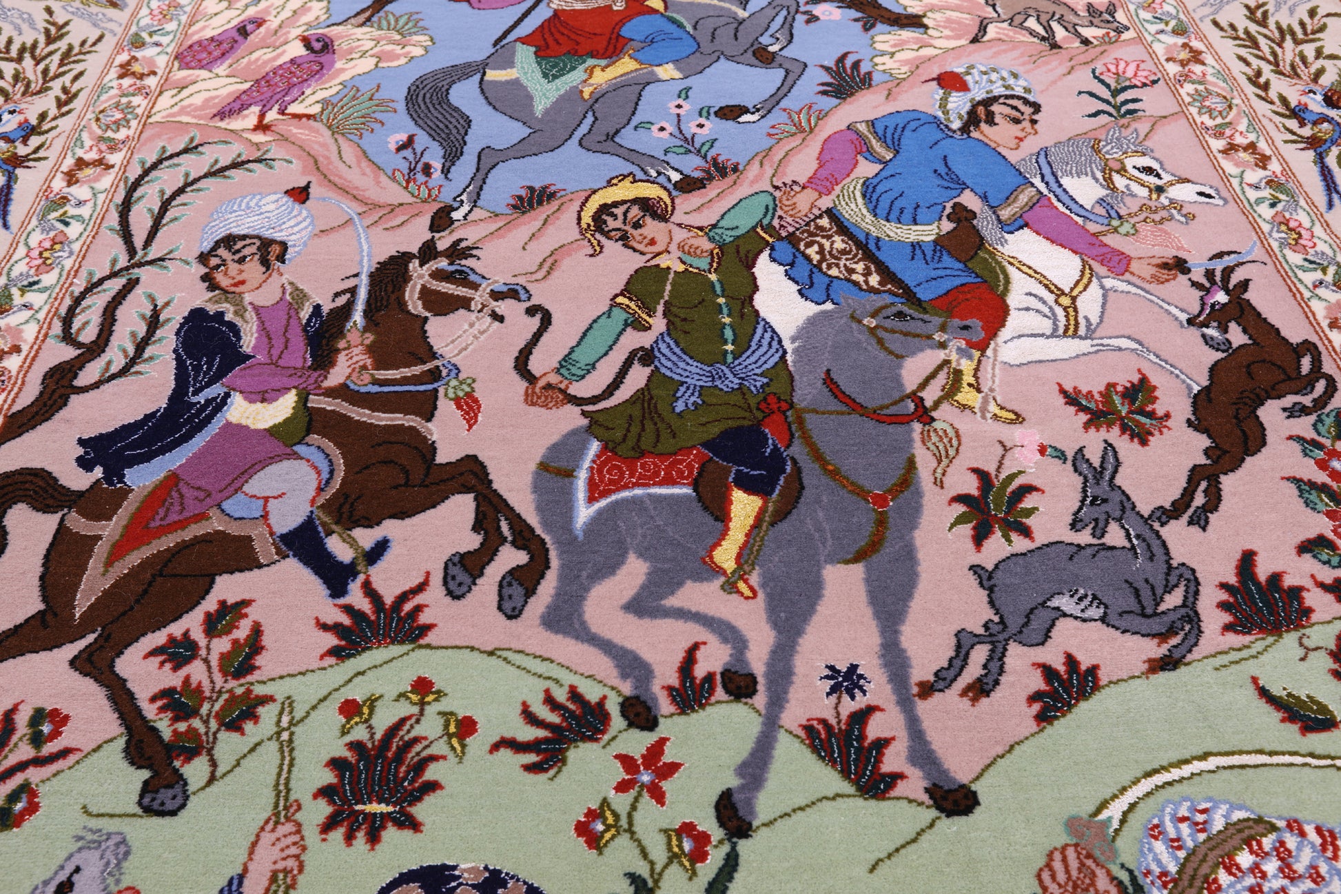 Signed Isfahan Authentic Persian Hunting Scene Hand Knotted Wool & Silk Area Rug - 4' 2" X 6' 8" - Golden Nile