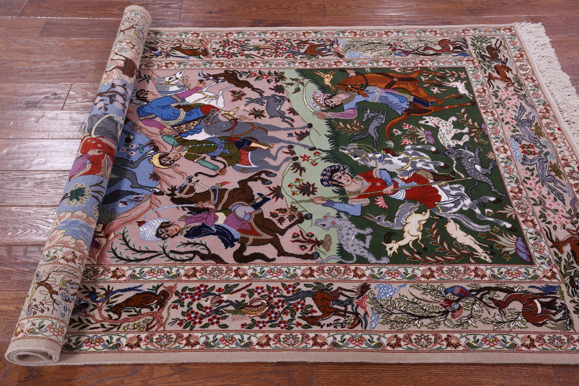 Signed Isfahan Authentic Persian Hunting Scene Hand Knotted Wool & Silk Area Rug - 4' 2" X 6' 8" - Golden Nile
