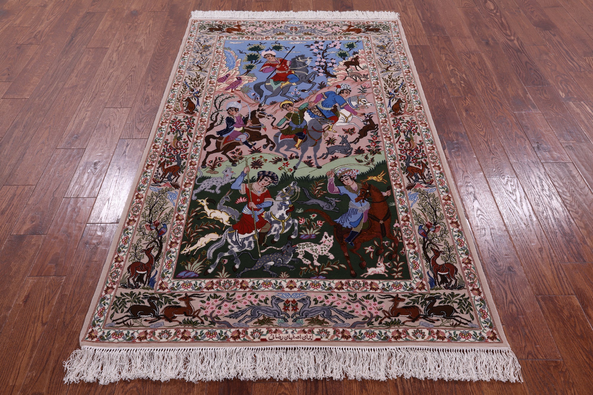 Signed Isfahan Authentic Persian Hunting Scene Hand Knotted Wool & Silk Area Rug - 4' 2" X 6' 8" - Golden Nile