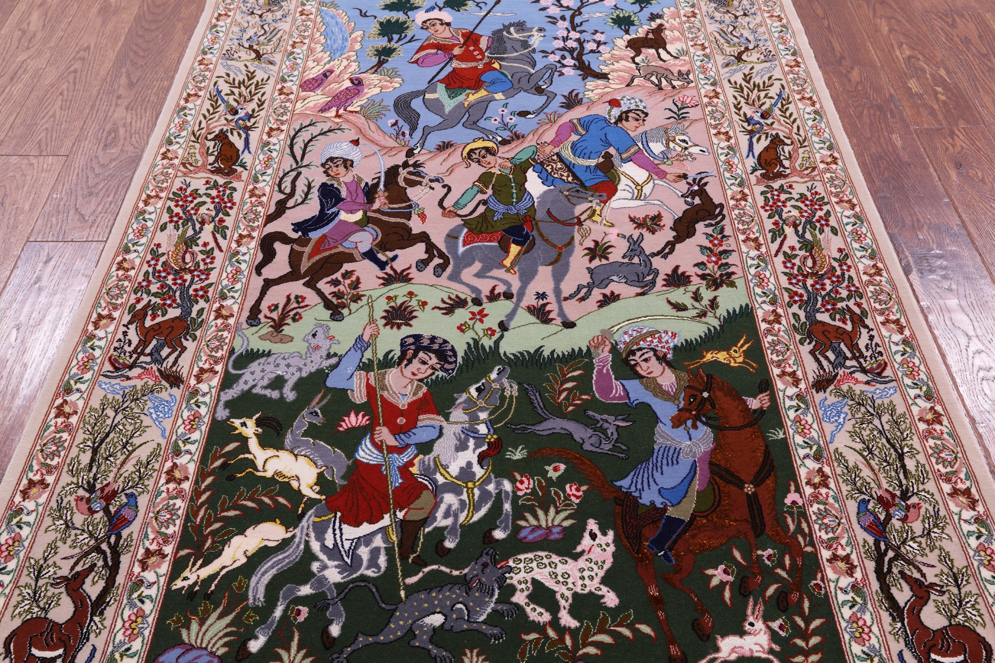 Signed Isfahan Authentic Persian Hunting Scene Hand Knotted Wool & Silk Area Rug - 4' 2" X 6' 8" - Golden Nile