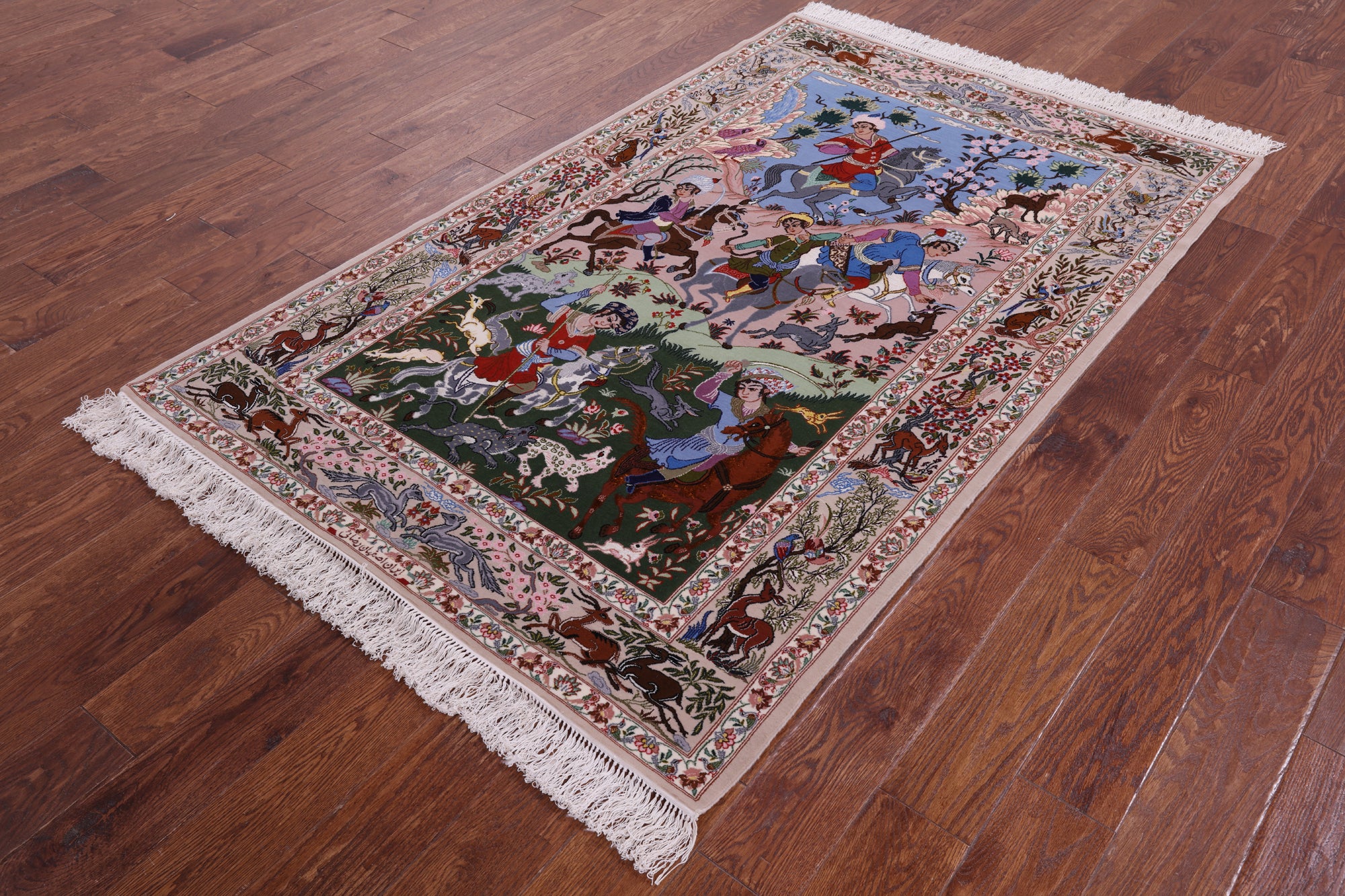 Signed Isfahan Authentic Persian Hunting Scene Hand Knotted Wool & Silk Area Rug - 4' 2" X 6' 8" - Golden Nile