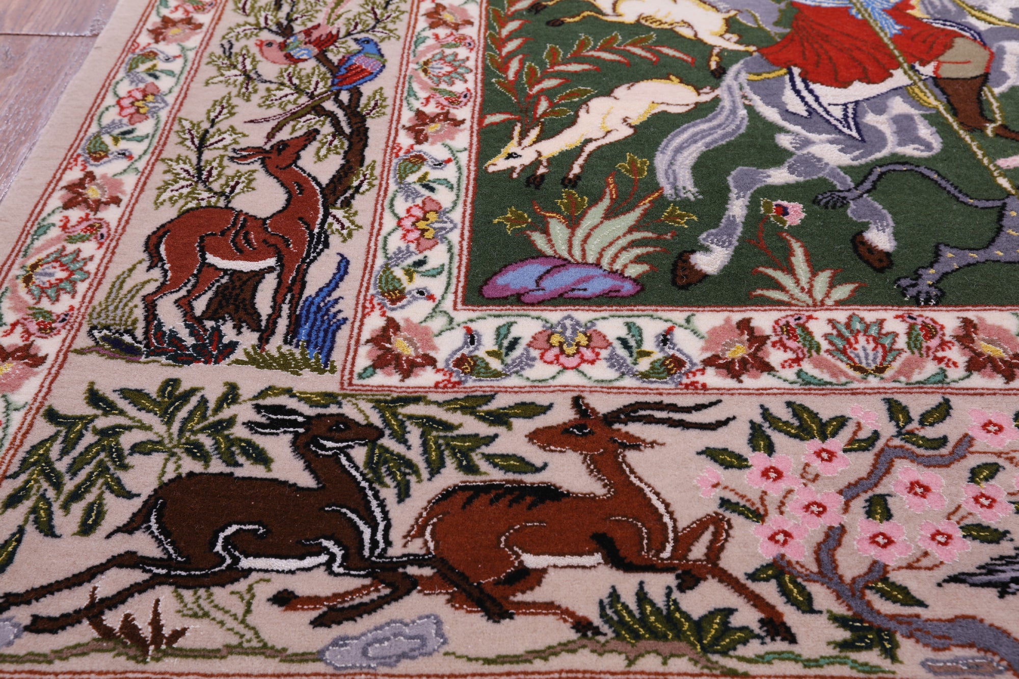Signed Isfahan Authentic Persian Hunting Scene Hand Knotted Wool & Silk Area Rug - 4' 2" X 6' 8" - Golden Nile