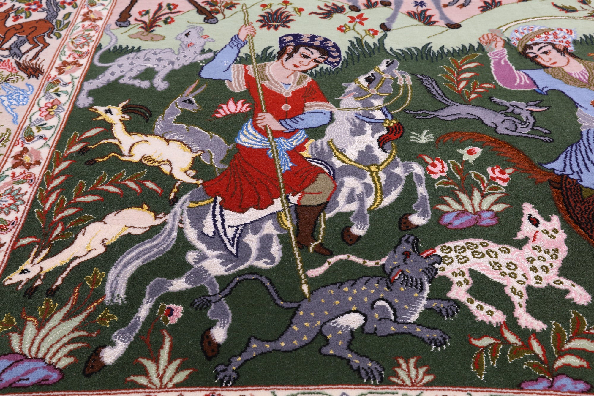 Signed Isfahan Authentic Persian Hunting Scene Hand Knotted Wool & Silk Area Rug - 4' 2" X 6' 8" - Golden Nile