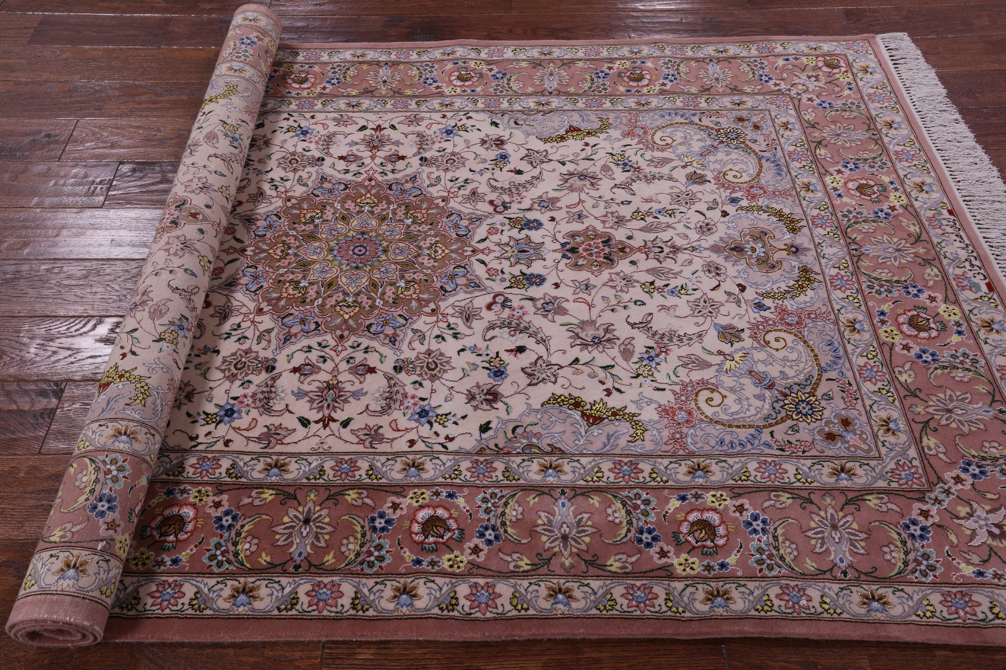 Ivory Signed Isfahan Authentic Persian Hand Knotted Wool & Silk Area Rug - 4' 3" X 6' 8" - Golden Nile