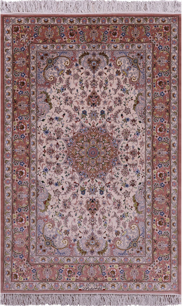Ivory Signed Isfahan Authentic Persian Hand Knotted Wool & Silk Area Rug - 4' 3" X 6' 8" - Golden Nile