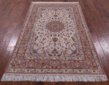 Ivory Signed Isfahan Authentic Persian Hand Knotted Wool & Silk Area Rug - 4' 3" X 6' 8" - Golden Nile
