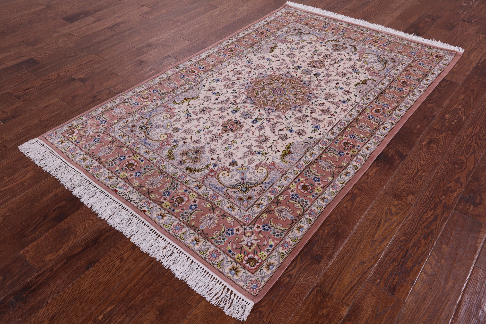 Ivory Signed Isfahan Authentic Persian Hand Knotted Wool & Silk Area Rug - 4' 3" X 6' 8" - Golden Nile