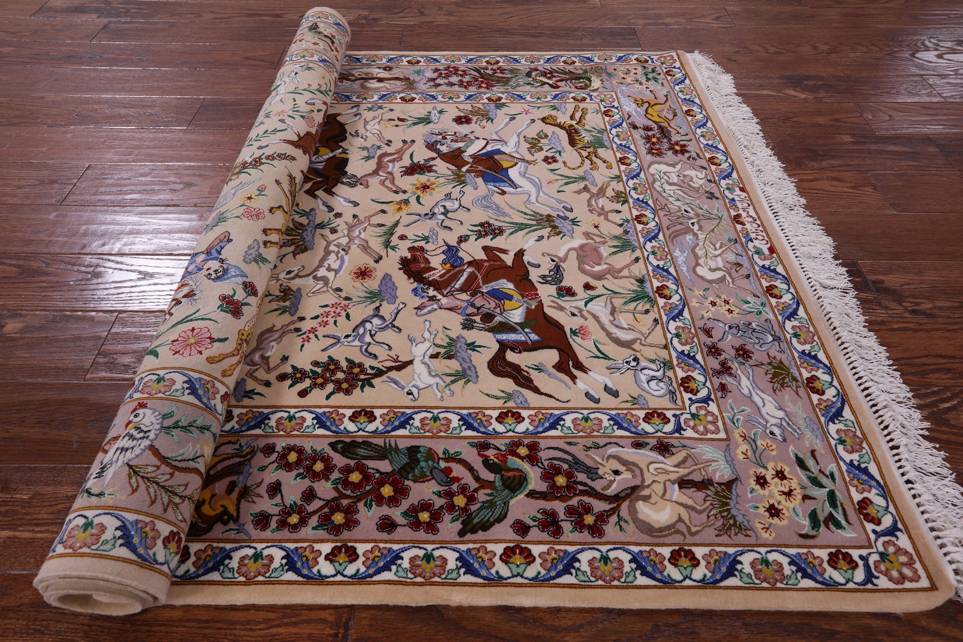 Signed Isfahan Authentic Persian Hunting Scene Hand Knotted Wool & Silk Area Rug - 4' 2" X 6' 8" - Golden Nile