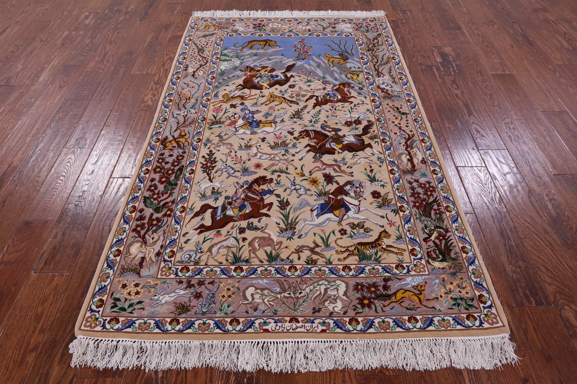 Signed Isfahan Authentic Persian Hunting Scene Hand Knotted Wool & Silk Area Rug - 4' 2" X 6' 8" - Golden Nile