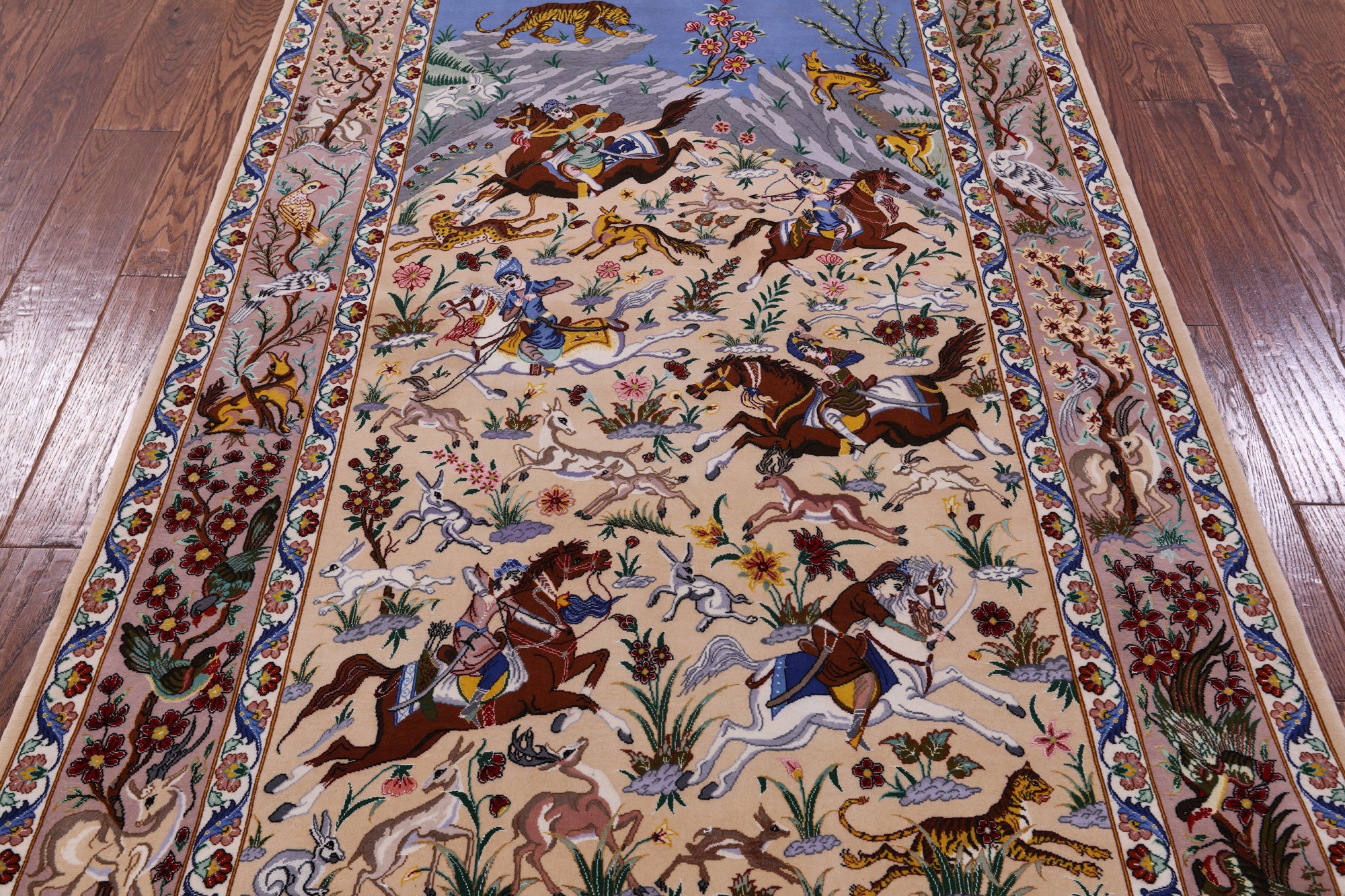 Signed Isfahan Authentic Persian Hunting Scene Hand Knotted Wool & Silk Area Rug - 4' 2" X 6' 8" - Golden Nile