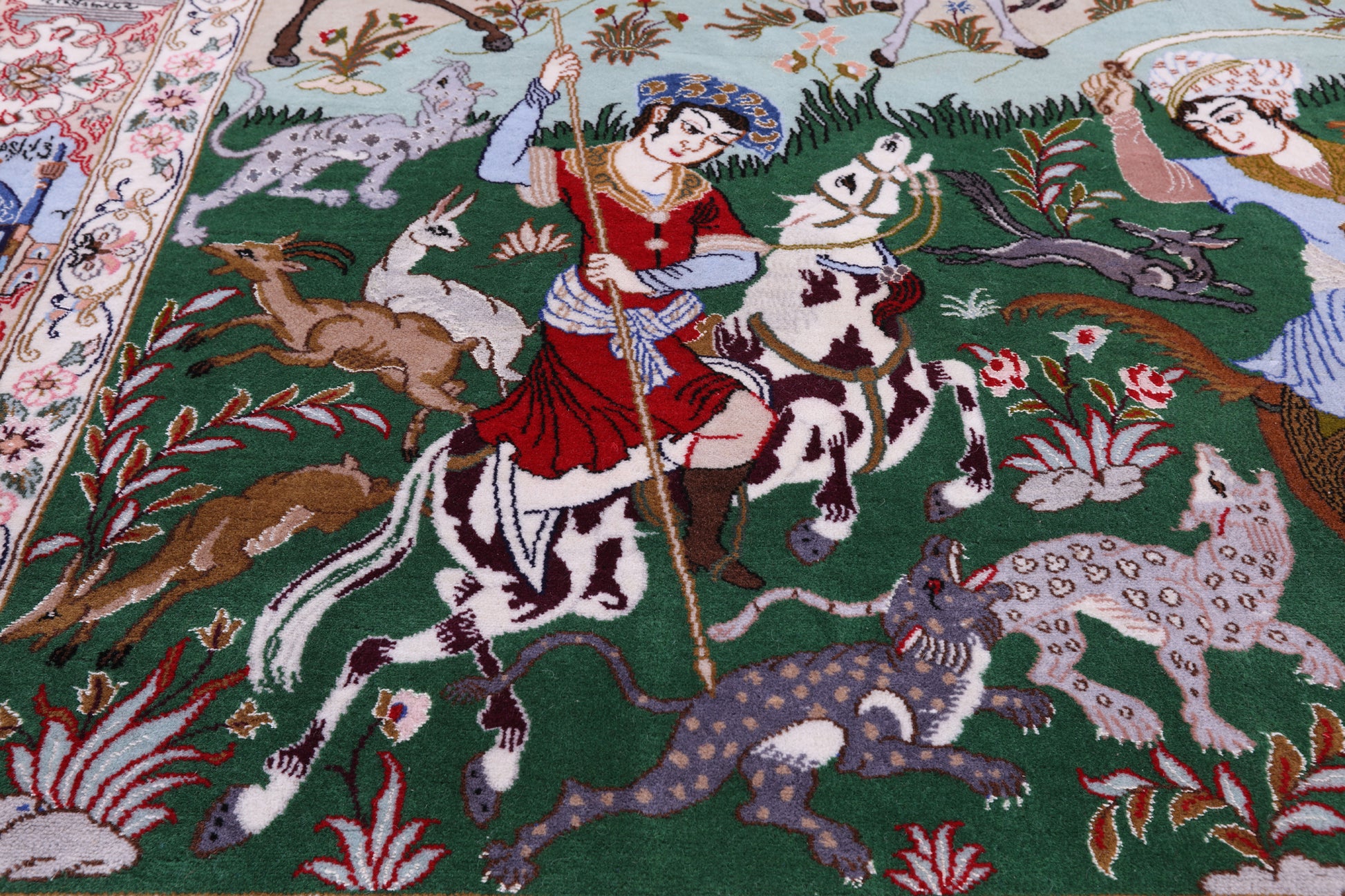 Signed Isfahan Authentic Persian Hunting Scene Hand Knotted Wool & Silk Area Rug - 4' 3" X 6' 6" - Golden Nile