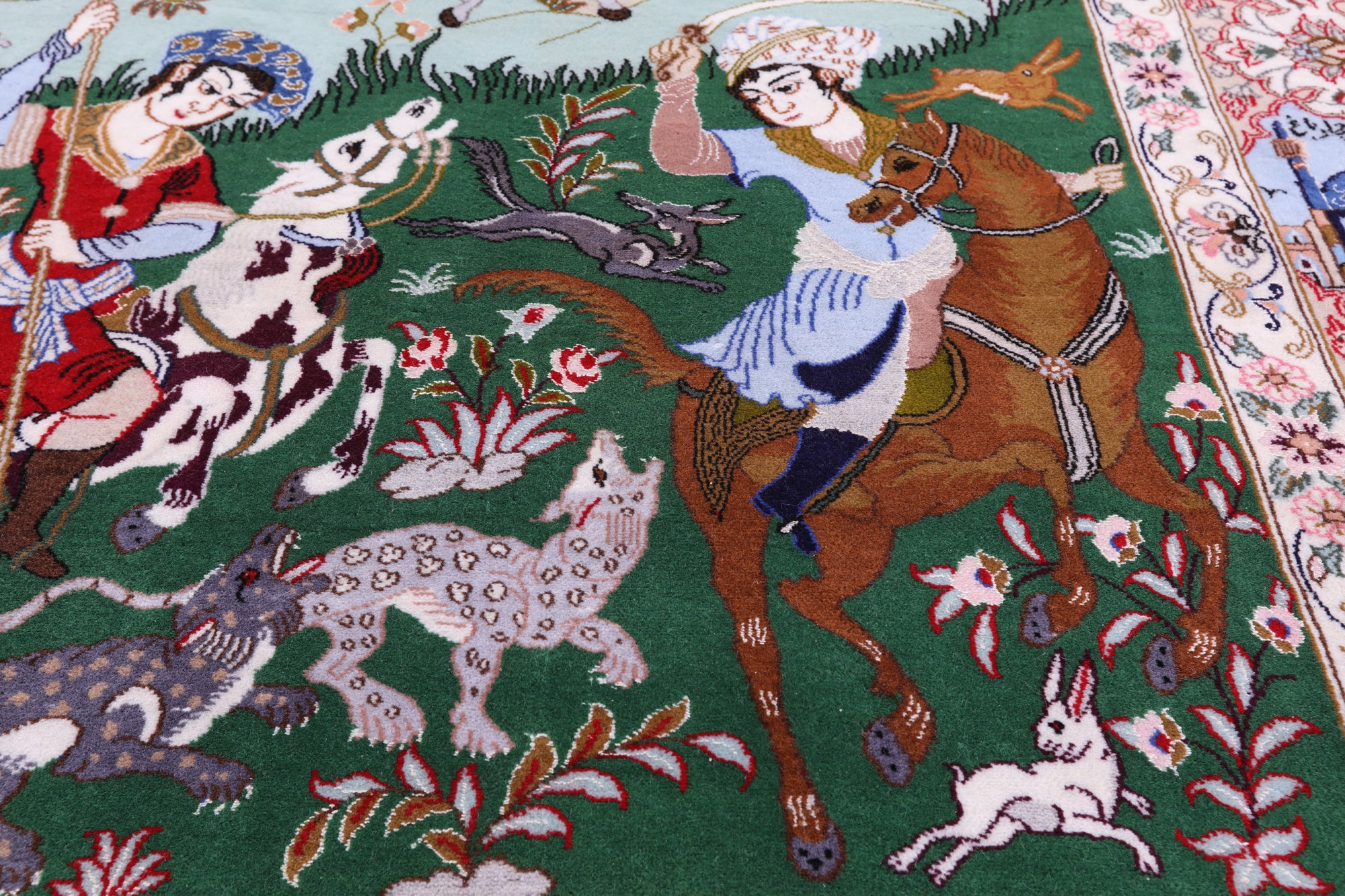 Signed Isfahan Authentic Persian Hunting Scene Hand Knotted Wool & Silk Area Rug - 4' 3" X 6' 6" - Golden Nile