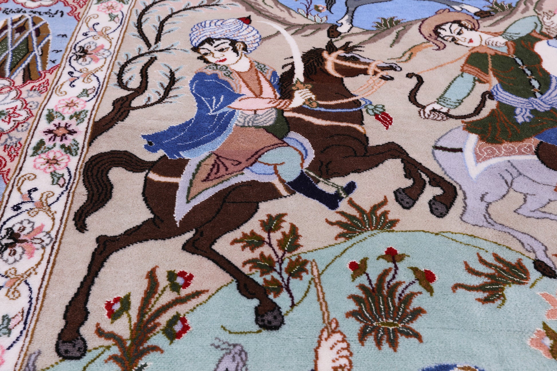 Signed Isfahan Authentic Persian Hunting Scene Hand Knotted Wool & Silk Area Rug - 4' 3" X 6' 6" - Golden Nile
