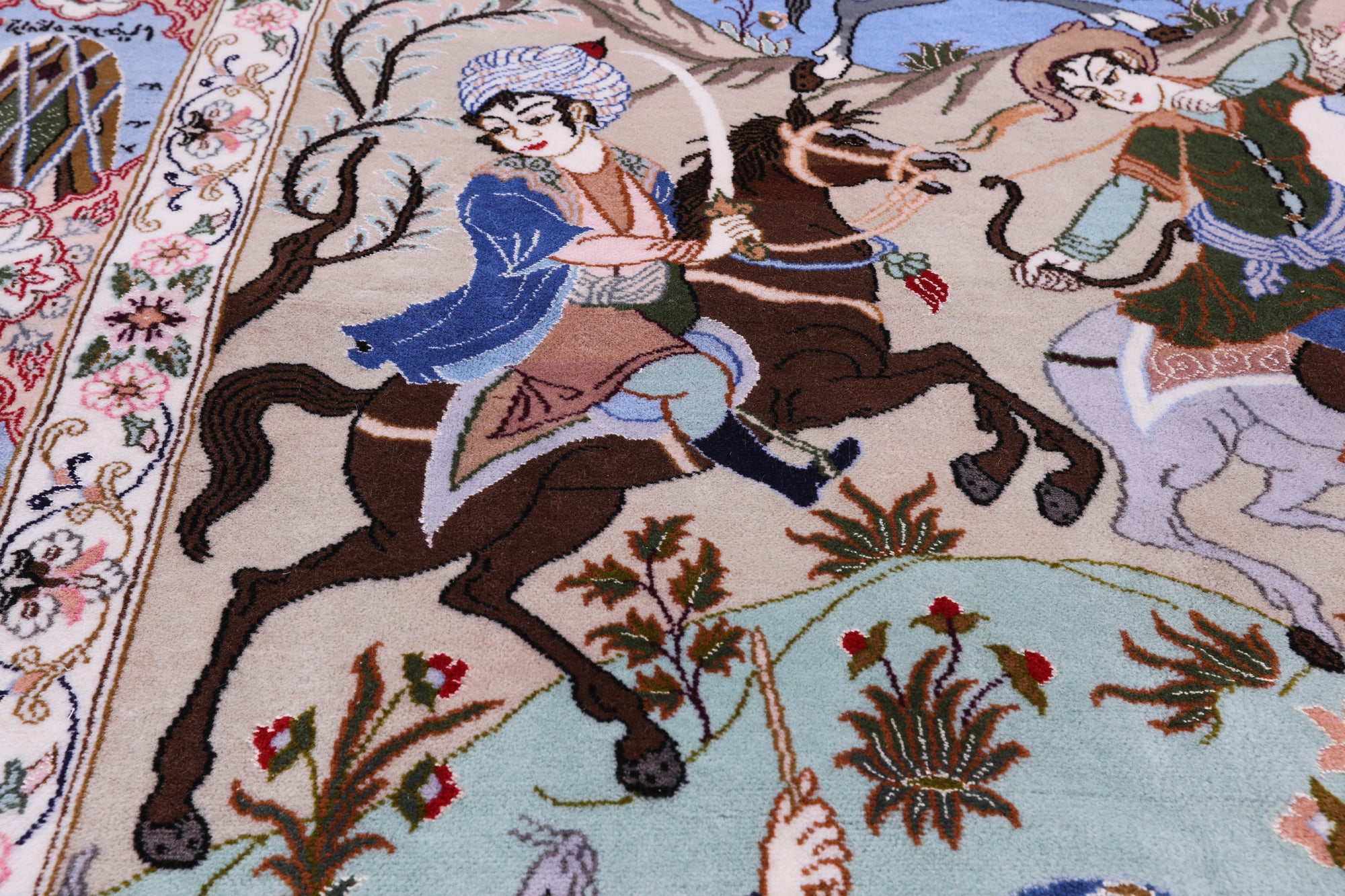 Signed Isfahan Authentic Persian Hunting Scene Hand Knotted Wool & Silk Area Rug - 4' 3" X 6' 6" - Golden Nile