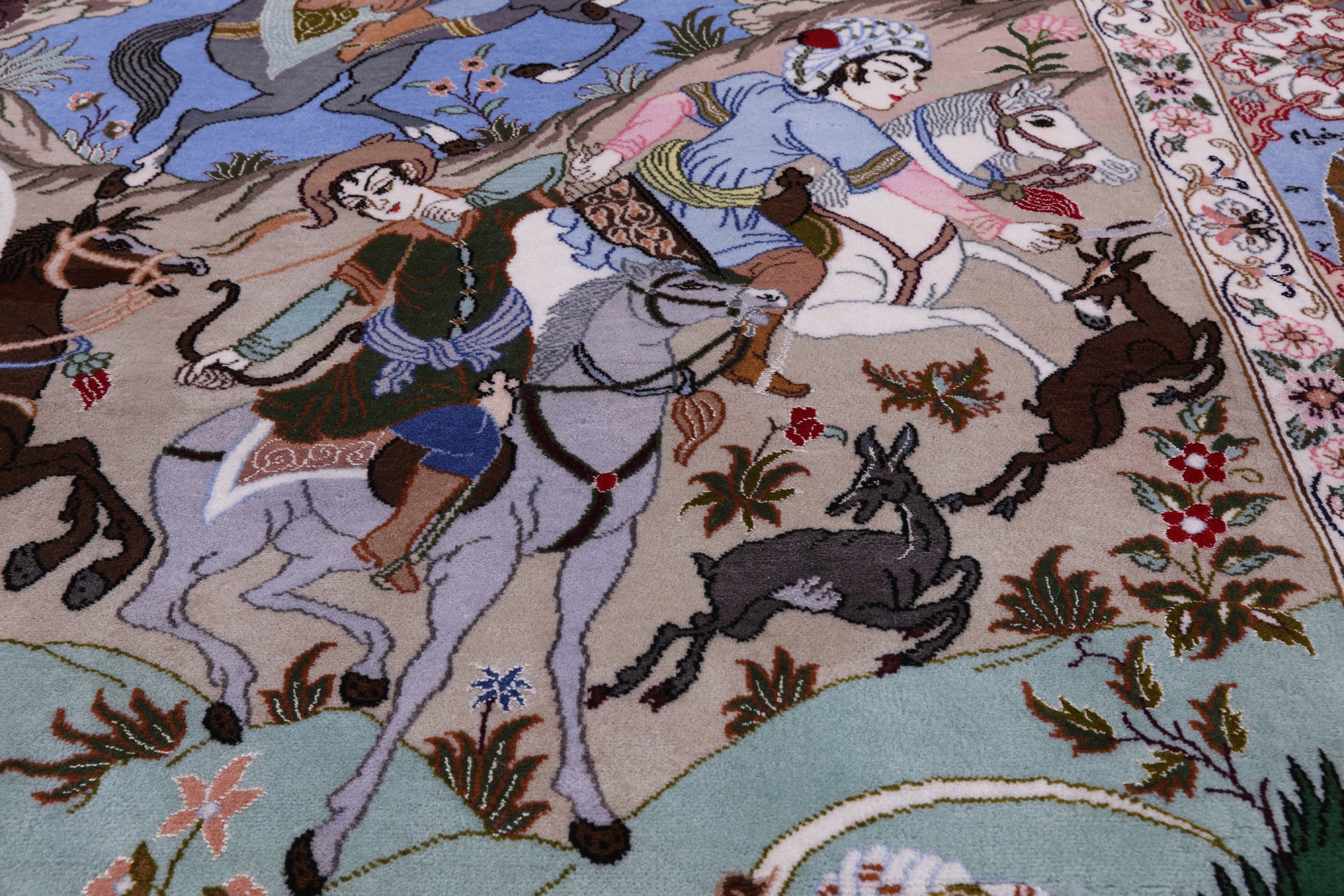 Signed Isfahan Authentic Persian Hunting Scene Hand Knotted Wool & Silk Area Rug - 4' 3" X 6' 6" - Golden Nile