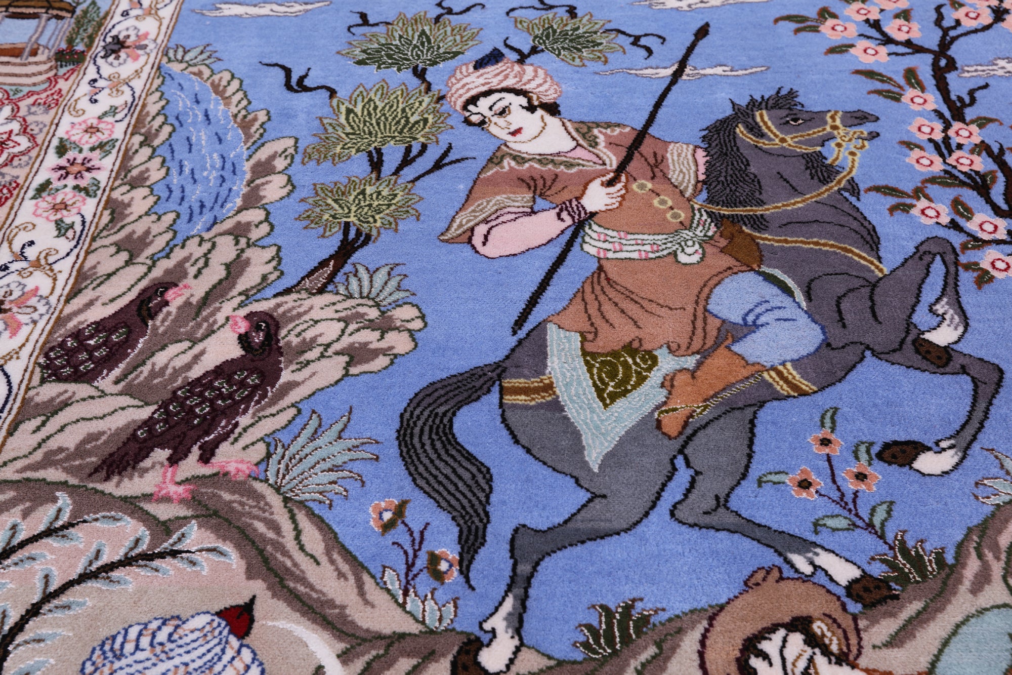Signed Isfahan Authentic Persian Hunting Scene Hand Knotted Wool & Silk Area Rug - 4' 3" X 6' 6" - Golden Nile