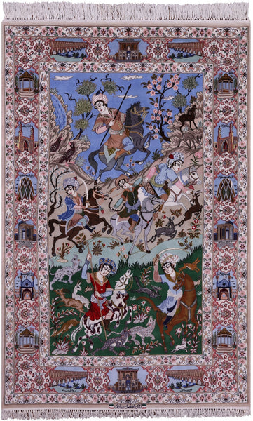 Signed Isfahan Authentic Persian Hunting Scene Hand Knotted Wool & Silk Area Rug - 4' 3" X 6' 6" - Golden Nile
