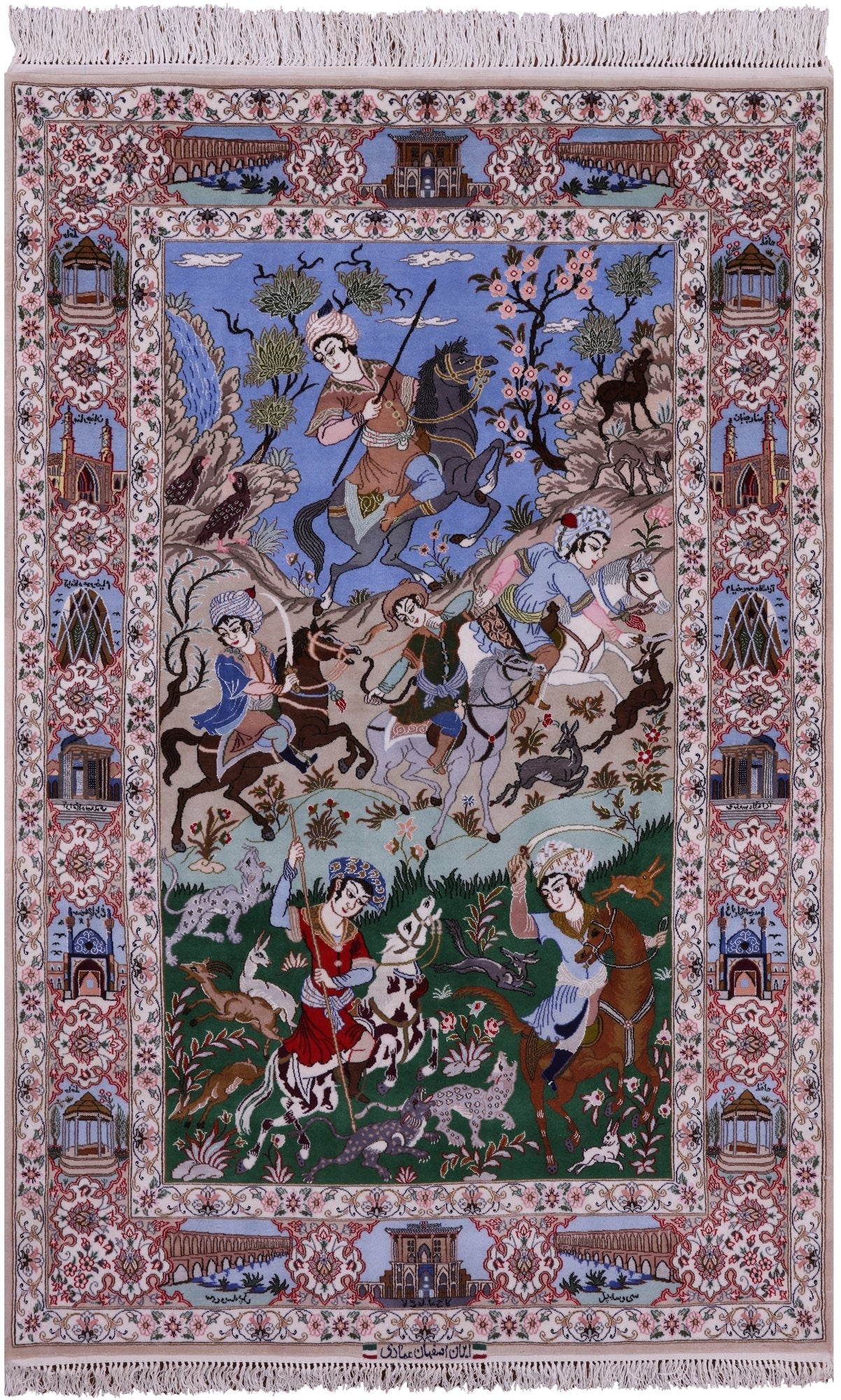 Signed Isfahan Authentic Persian Hunting Scene Hand Knotted Wool & Silk Area Rug - 4' 3" X 6' 6" - Golden Nile