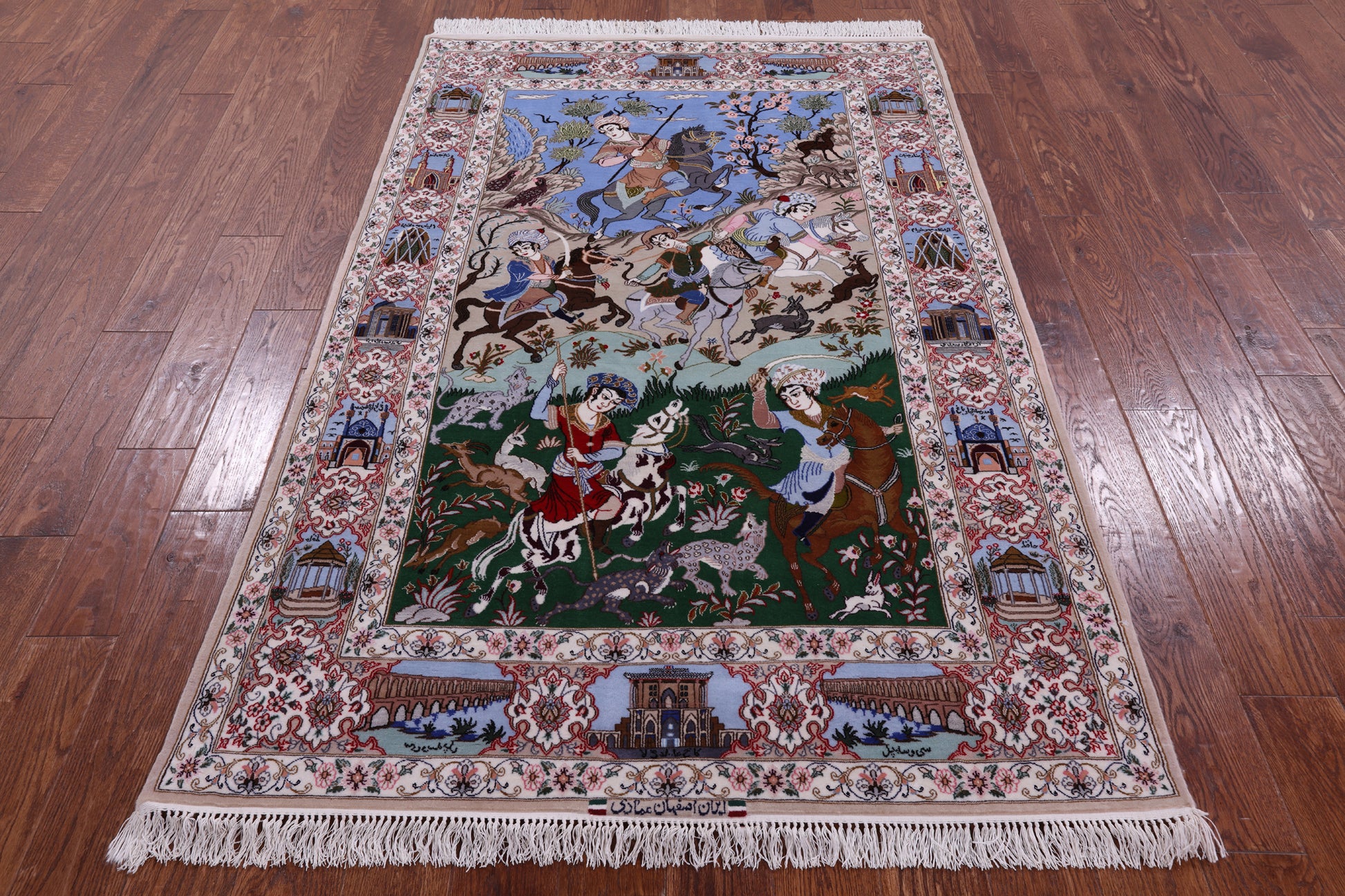 Signed Isfahan Authentic Persian Hunting Scene Hand Knotted Wool & Silk Area Rug - 4' 3" X 6' 6" - Golden Nile
