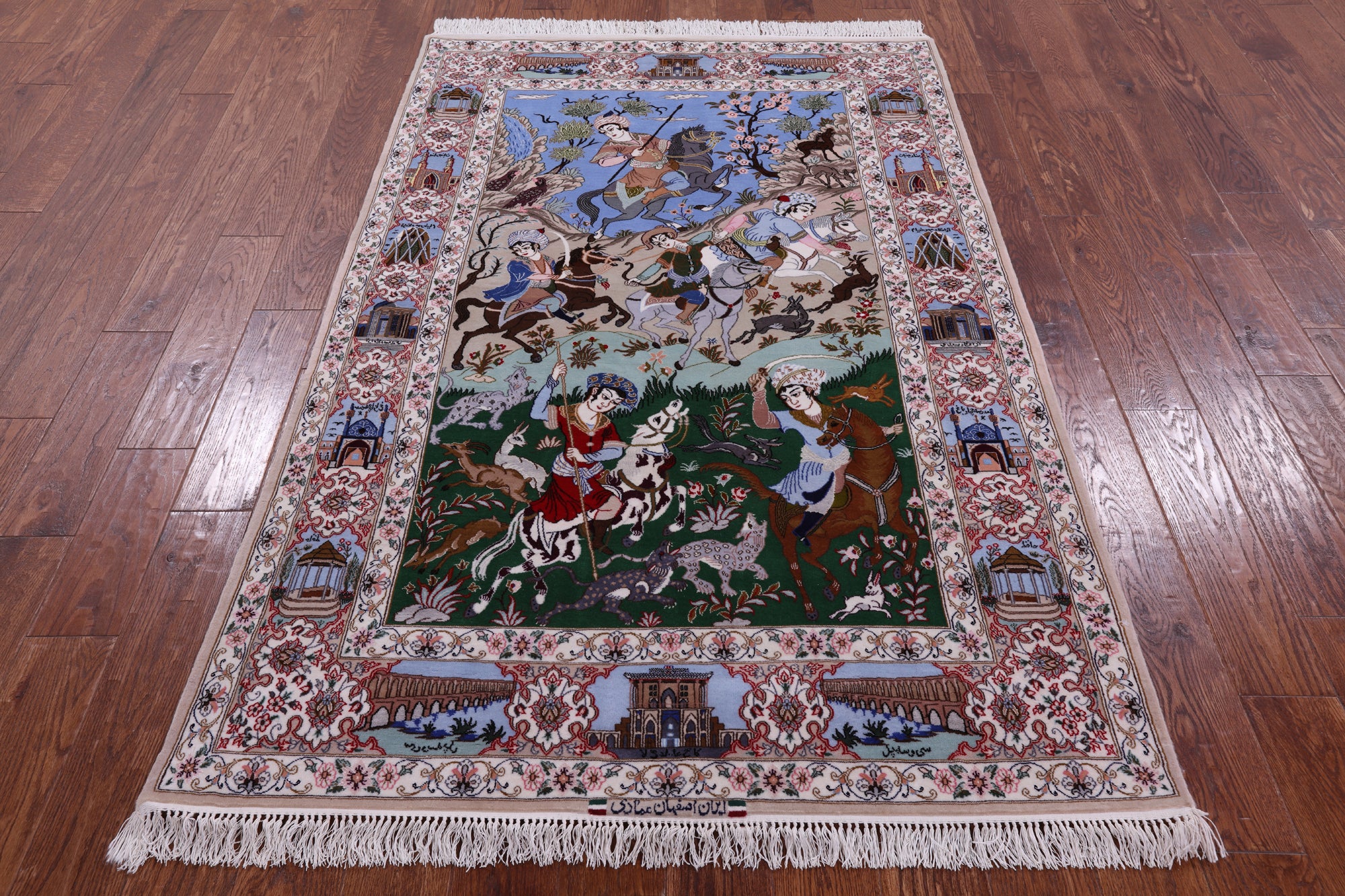 Signed Isfahan Authentic Persian Hunting Scene Hand Knotted Wool & Silk Area Rug - 4' 3" X 6' 6" - Golden Nile