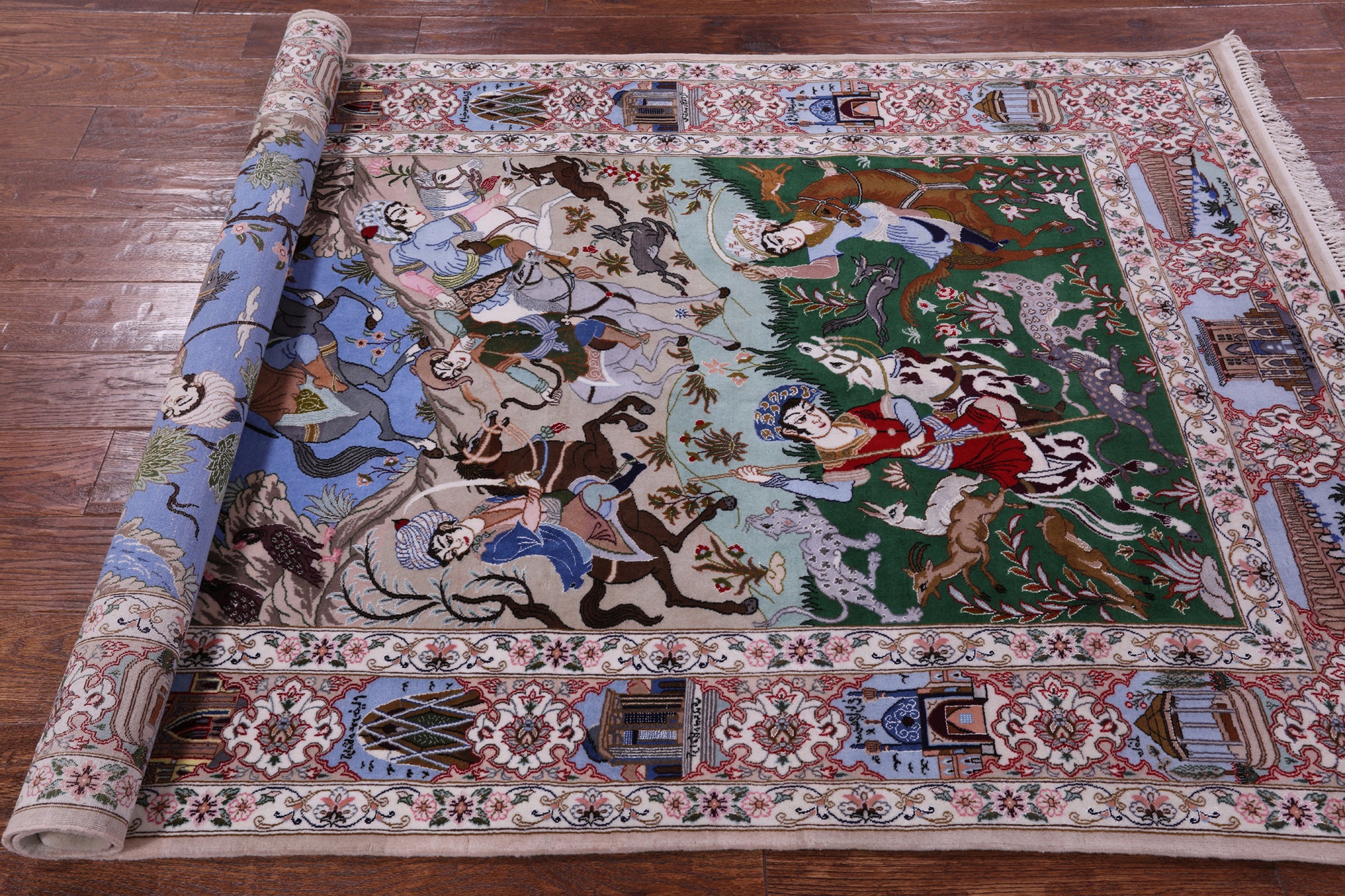 Signed Isfahan Authentic Persian Hunting Scene Hand Knotted Wool & Silk Area Rug - 4' 3" X 6' 6" - Golden Nile
