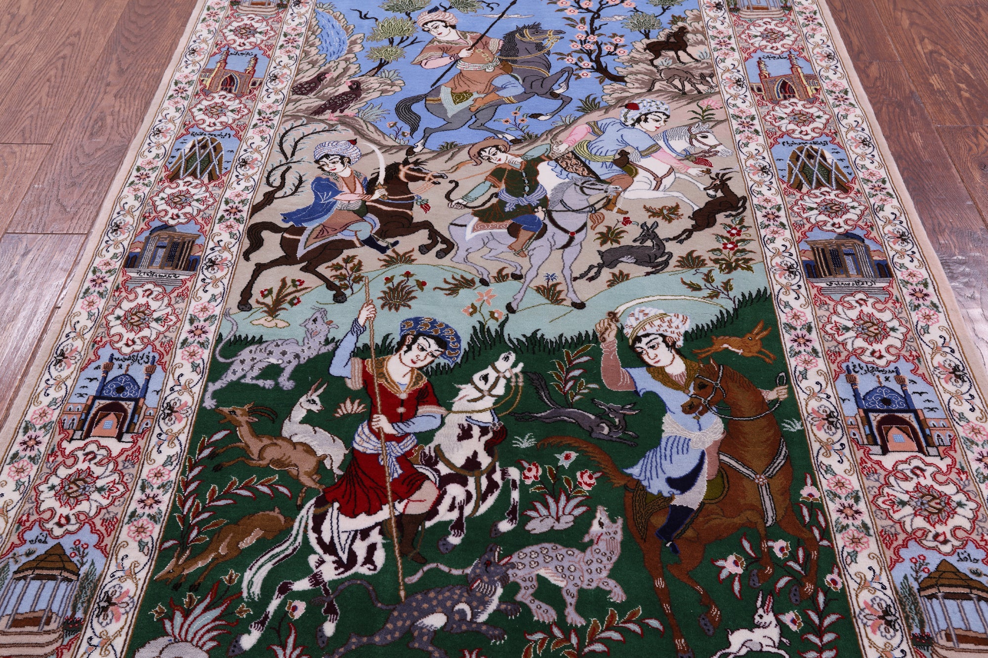 Signed Isfahan Authentic Persian Hunting Scene Hand Knotted Wool & Silk Area Rug - 4' 3" X 6' 6" - Golden Nile