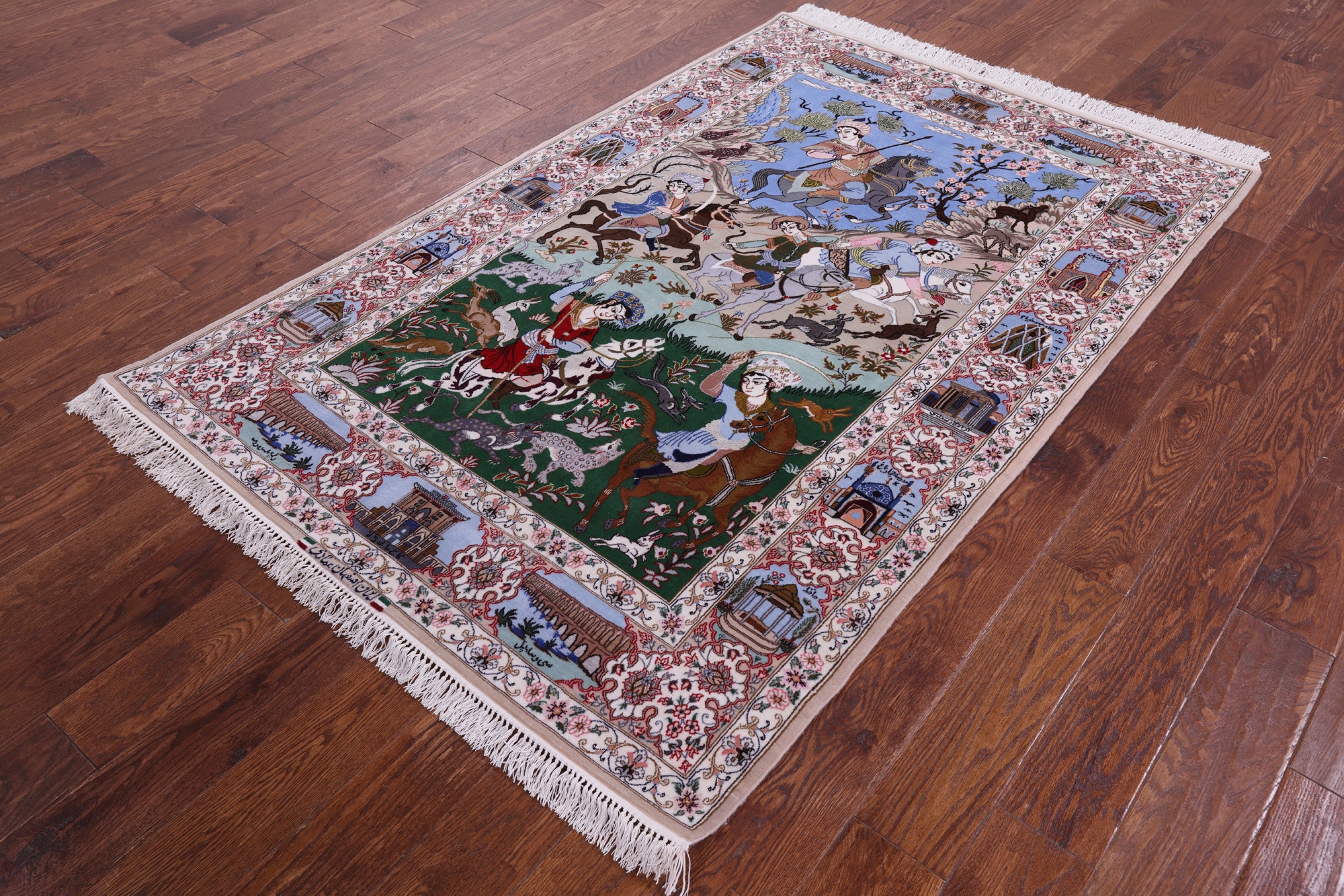 Signed Isfahan Authentic Persian Hunting Scene Hand Knotted Wool & Silk Area Rug - 4' 3" X 6' 6" - Golden Nile