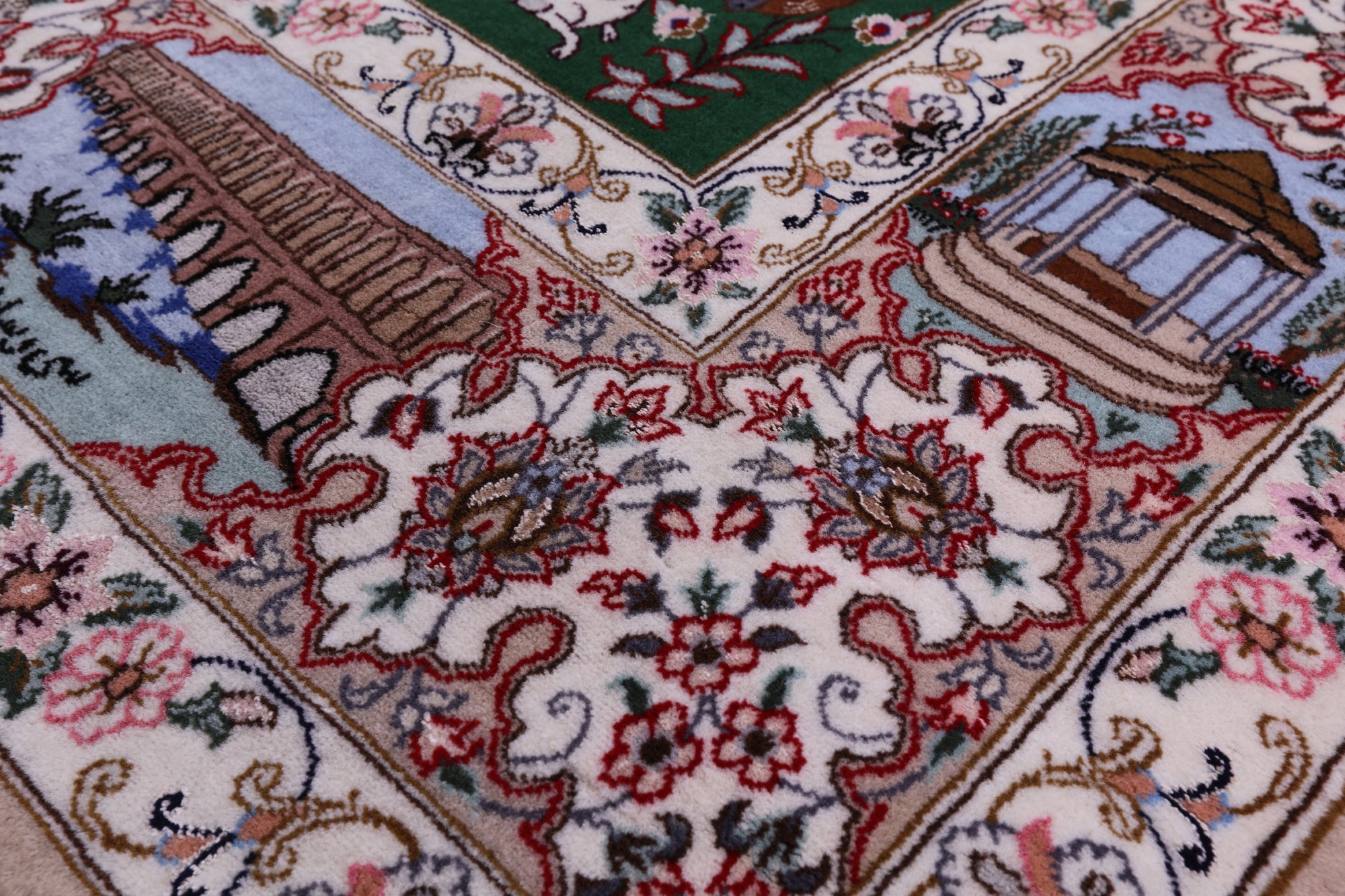 Signed Isfahan Authentic Persian Hunting Scene Hand Knotted Wool & Silk Area Rug - 4' 3" X 6' 6" - Golden Nile