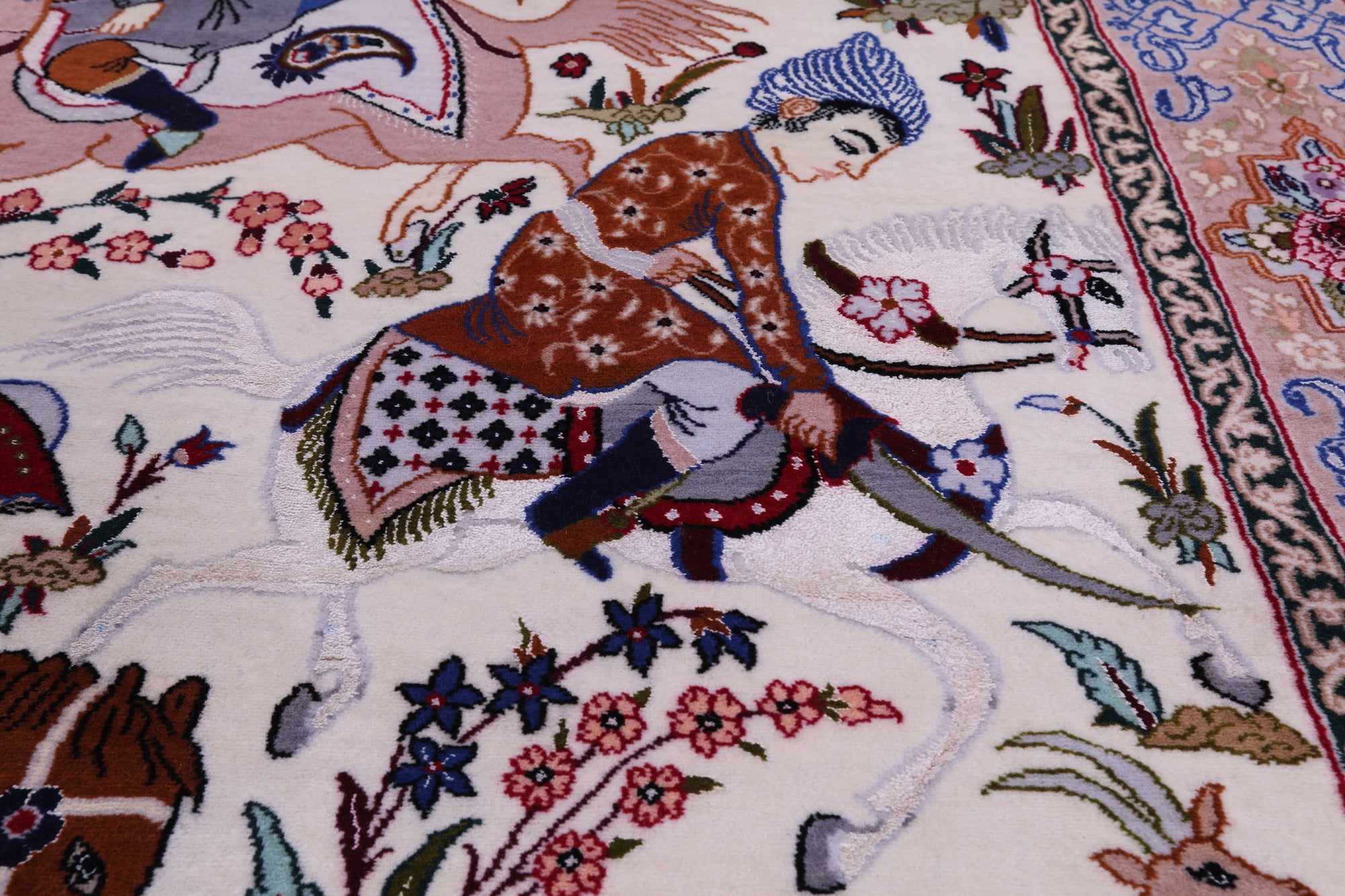 Signed Isfahan Authentic Persian Hunting Scene Hand Knotted Wool & Silk Area Rug - 4' 2" X 6' 9" - Golden Nile
