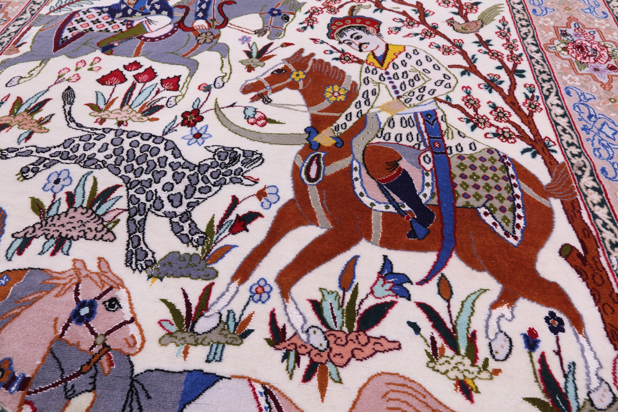 Signed Isfahan Authentic Persian Hunting Scene Hand Knotted Wool & Silk Area Rug - 4' 2" X 6' 9" - Golden Nile