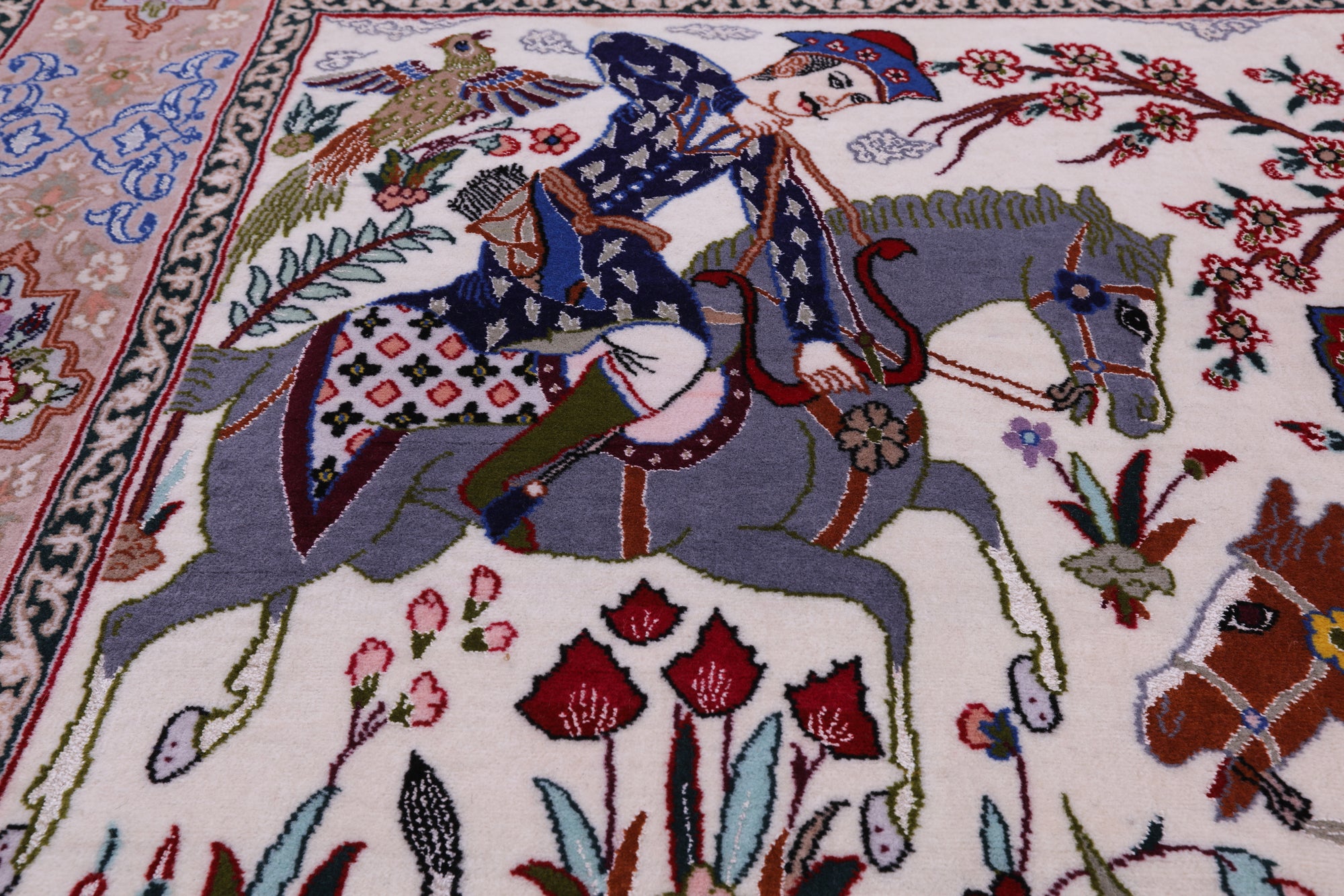 Signed Isfahan Authentic Persian Hunting Scene Hand Knotted Wool & Silk Area Rug - 4' 2" X 6' 9" - Golden Nile