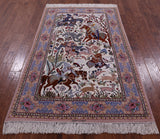 Signed Isfahan Authentic Persian Hunting Scene Hand Knotted Wool & Silk Area Rug - 4' 2" X 6' 9" - Golden Nile