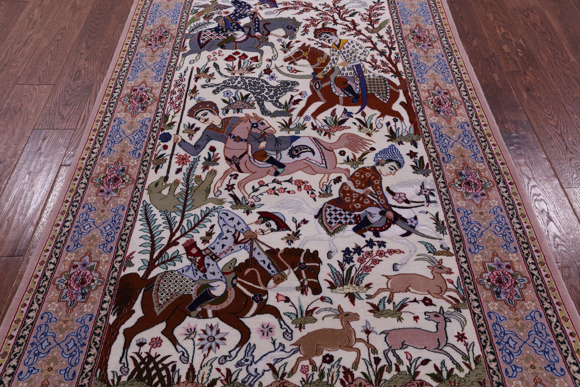 Signed Isfahan Authentic Persian Hunting Scene Hand Knotted Wool & Silk Area Rug - 4' 2" X 6' 9" - Golden Nile
