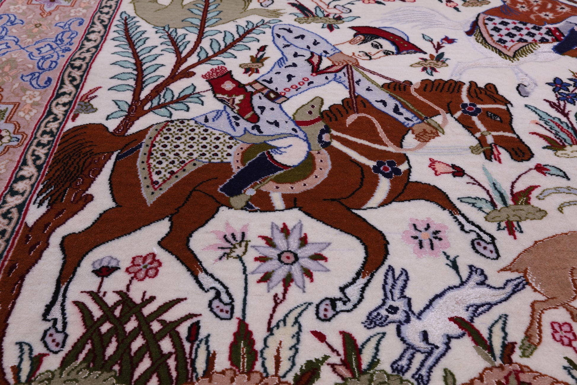 Signed Isfahan Authentic Persian Hunting Scene Hand Knotted Wool & Silk Area Rug - 4' 2" X 6' 9" - Golden Nile