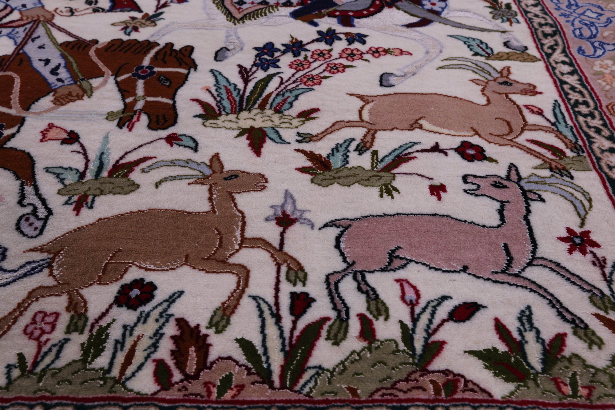 Signed Isfahan Authentic Persian Hunting Scene Hand Knotted Wool & Silk Area Rug - 4' 2" X 6' 9" - Golden Nile
