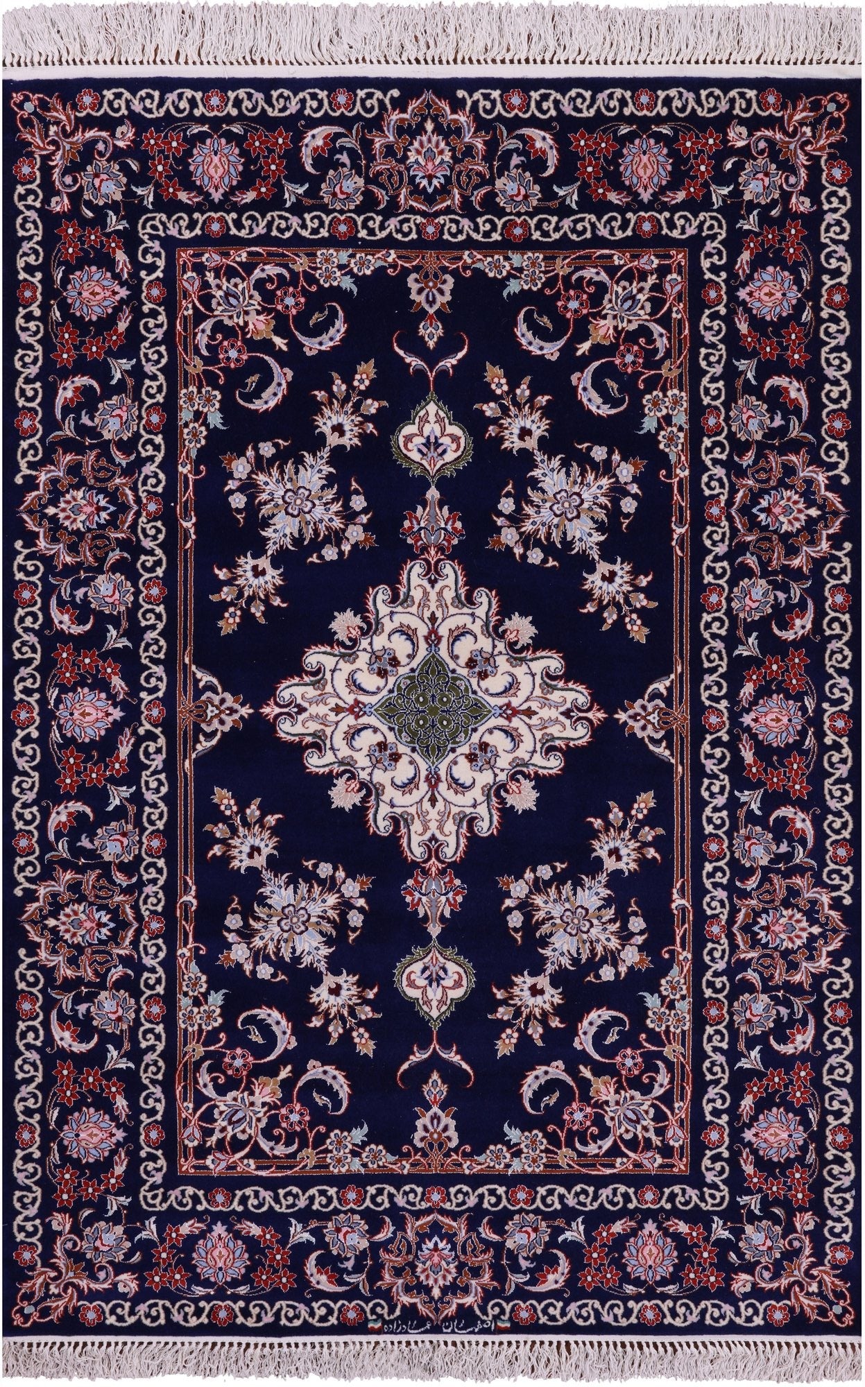 Blue Signed Isfahan Authentic Persian Hand Knotted Wool & Silk Area Rug - 4' 3" X 6' 4" - Golden Nile