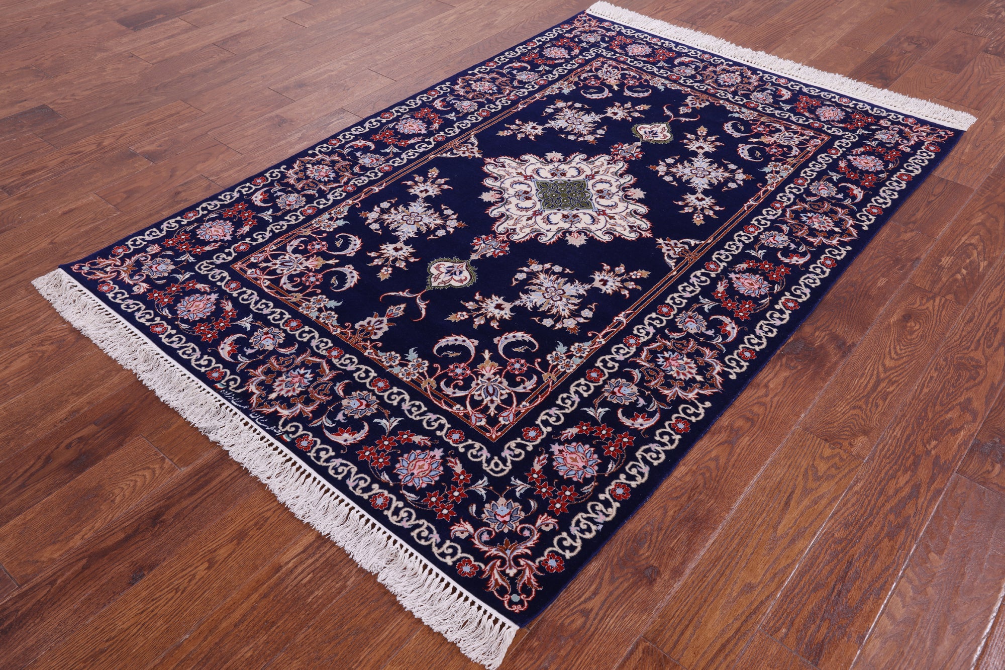 Blue Signed Isfahan Authentic Persian Hand Knotted Wool & Silk Area Rug - 4' 3" X 6' 4" - Golden Nile